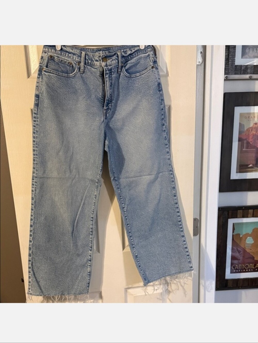 J Crew Light Wash Frayed Hem Slim Wide Leg Jeans